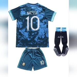 2021 Argentina #10 Leo Copa-American Away Kids Soccer Jersey/Shorts/Socks Kit